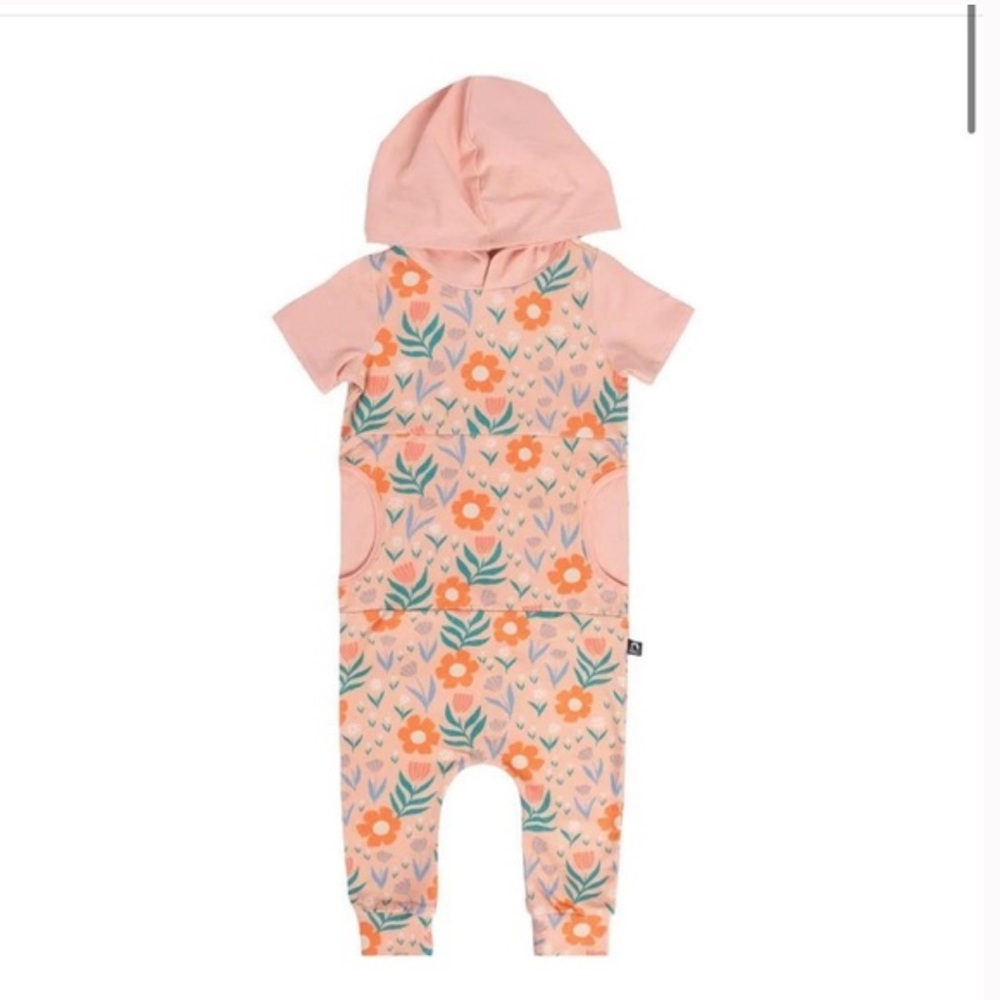 • Rags • Baby Girls SS Hooded Peek Pocket Romper Floral Coral Pink 2T